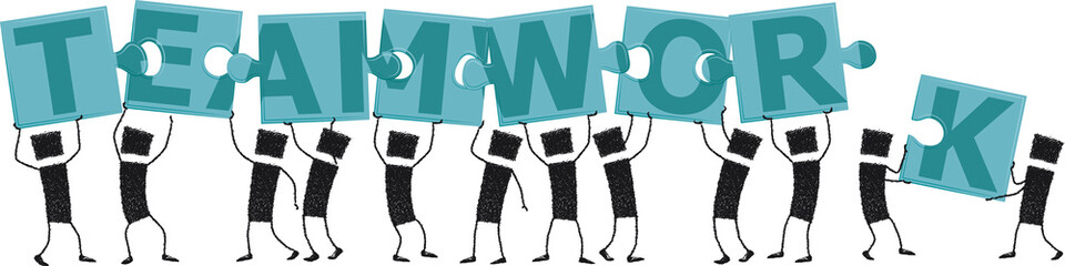 Solving a puzzle, teamwork, stick figures. Illustration of a group of people lifting puzzle pieces above their heads. When you complete the puzzle you read the word teamwork.