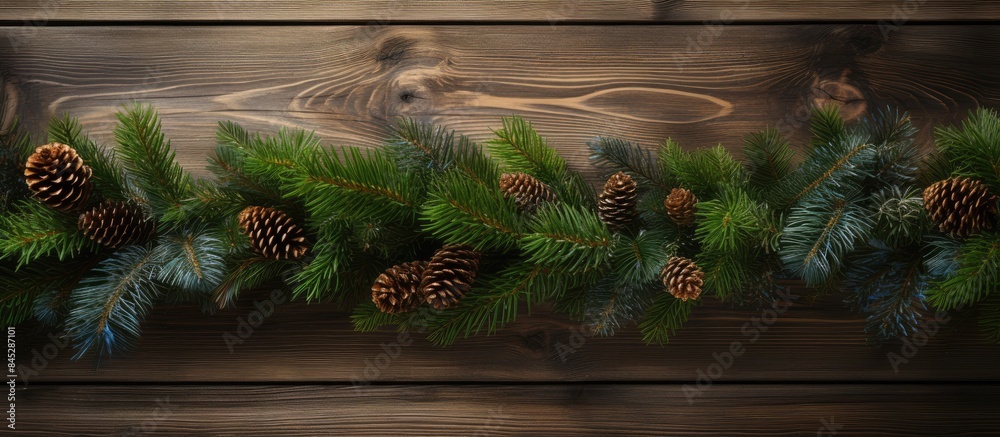Aufkleber A festive New Year s background with spruce branches and ornaments on a wooden table creating a charming Christmas atmosphere A perfect copy space image for the holiday season