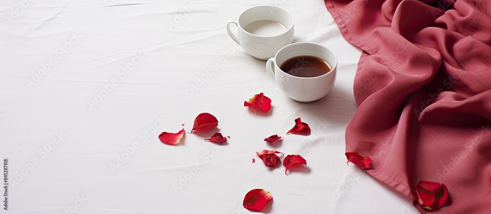 Poster a creative flat lay with two cups of red tea flower petals and a gray linen napkin on a white backgr