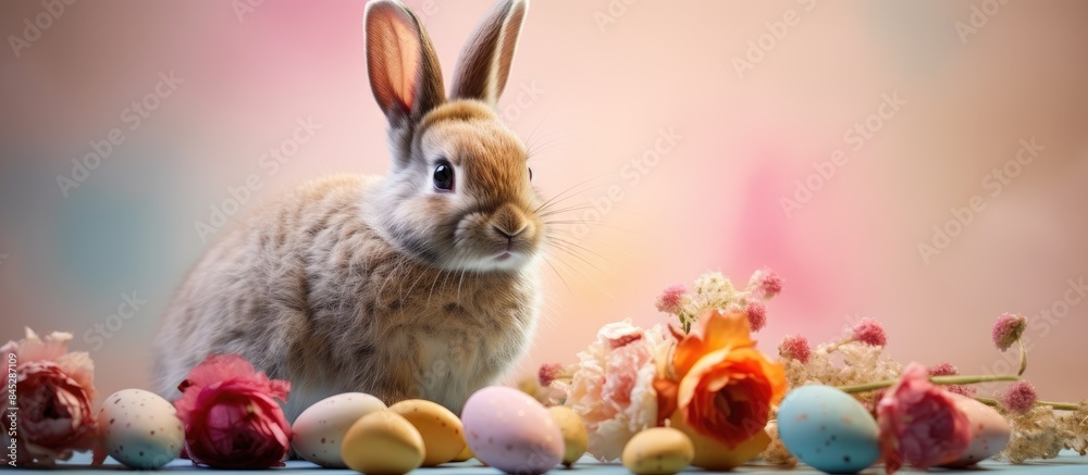 Poster close up of a sugar candy easter bunny with floral decorations and quail eggs on a soft pastel backg