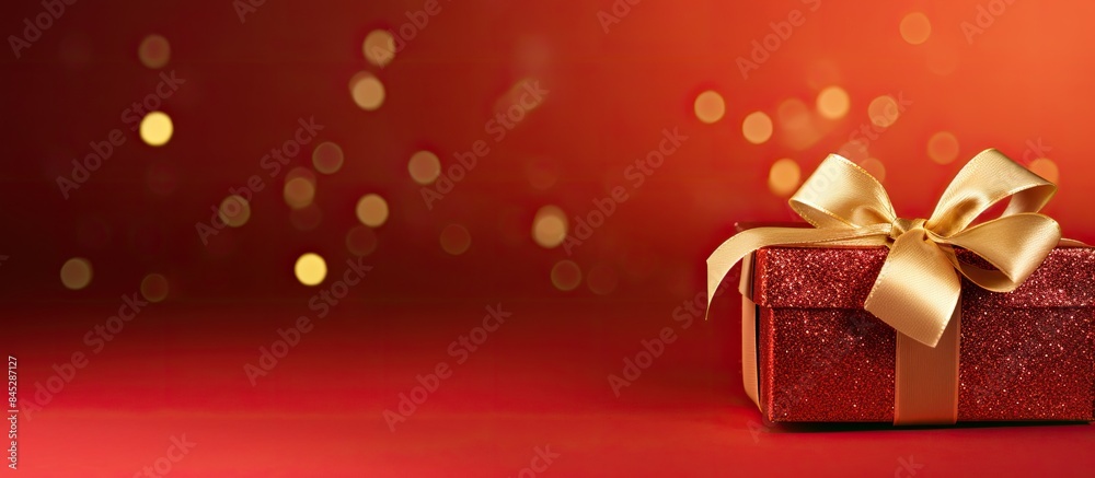 Aufkleber copy space image of a shiny gift box adorned with a golden ribbon against a vibrant red backdrop per