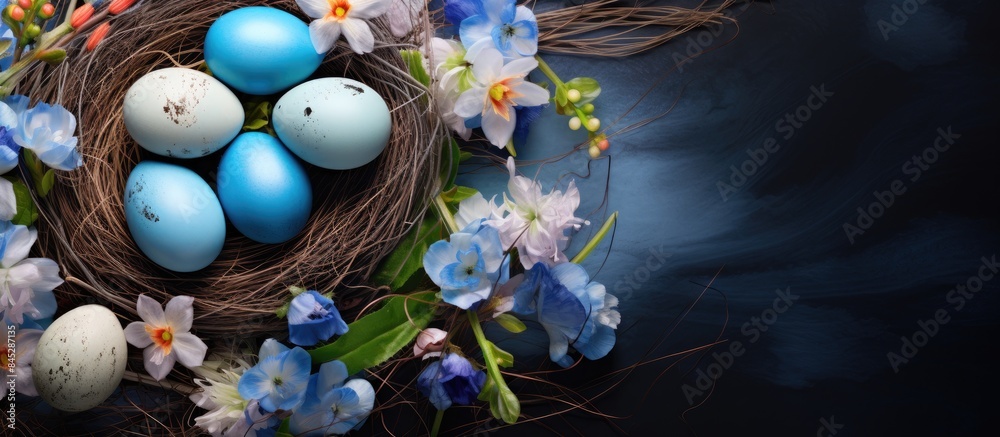 Poster a festive easter greeting card showcasing a top view of a nest filled with blue easter eggs nestled 