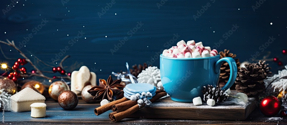 Poster a delicious cup of hot cocoa with marshmallows in a blue cup surrounded by spices and more marshmall