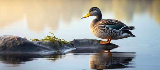 Fototapeta premium A peaceful mallard duck gracefully stands in the calm waters of a tranquil lake where small water bugs skitter across the surface No copy space image