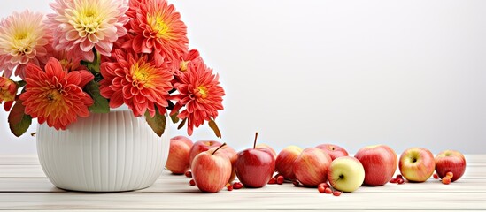 Indoor shot featuring exquisite chrysanthemum flowers in a pot and ripe apples neatly arranged on a white wooden table leaving room for textual additions. Creative banner. Copyspace image