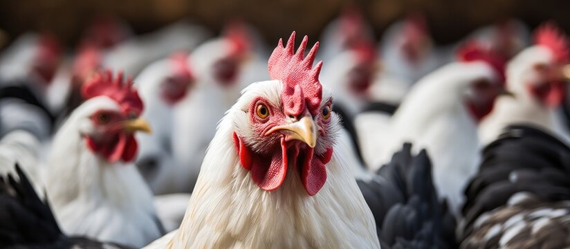 A gorgeous hen with a vibrant red comb and elegant brown black feathers roams gracefully amidst the white chickens in the farmyard It s captured in a close up shot with the background blurred providi