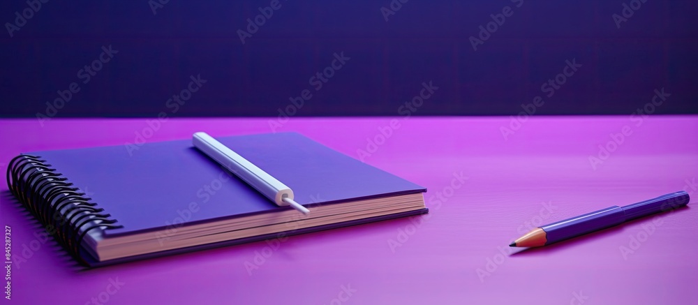 Poster an image of a school notebook with a pencil is placed on a violet background the same notebook is th