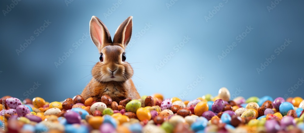Fototapete A chocolate Easter bunny with colorful chocolate chips is positioned on a vibrant surface creating a visually appealing composition for a copy space image