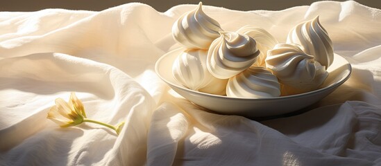 A picturesque still life of snow white meringue cookies on a small dessert plate set against a linen tablecloth and bathed in bright sunlight The image captures the enchanting shadows creating a deli