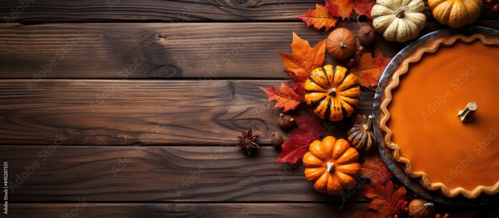 Poster a traditional pumpkin pie is placed on a table surrounded by pumpkins and leaves the photograph is t