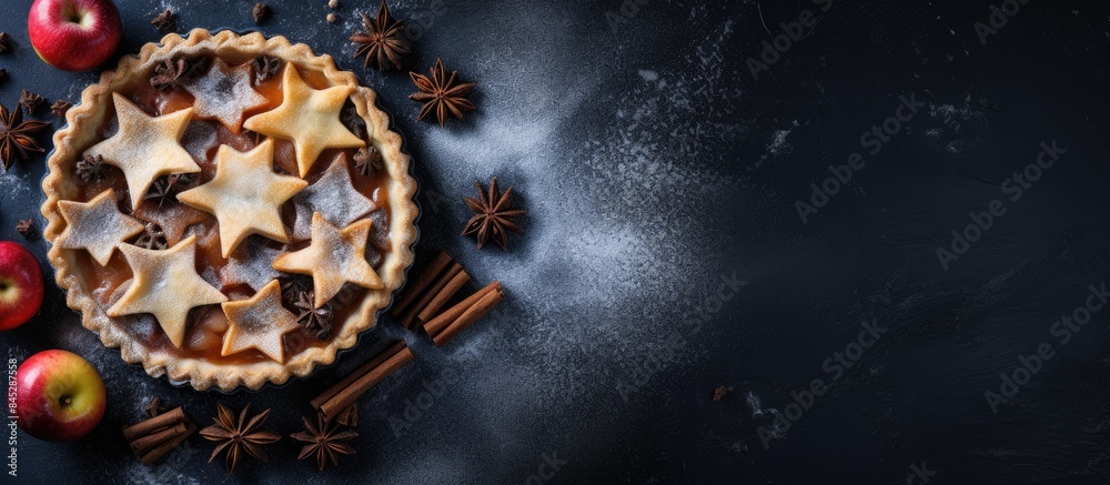 Poster Top view of a dark blue background with a homemade apple pie dusted with sugar powder and garnished with fresh apples and spices Lots of copy space for an image