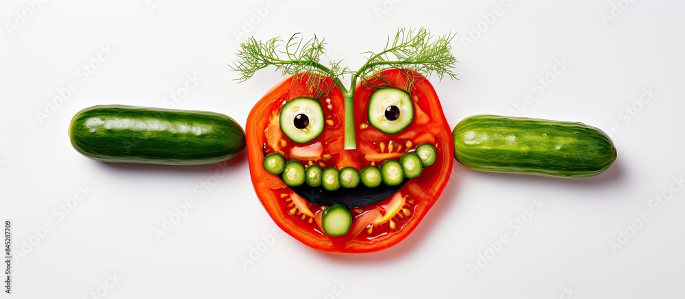 Poster a humorous image featuring a face made from tomatoes and cucumber isolated on a white background ill