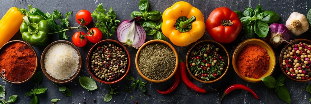 Poster a flat lay image of spices and fresh vegetables on a kitchen table. generative ai