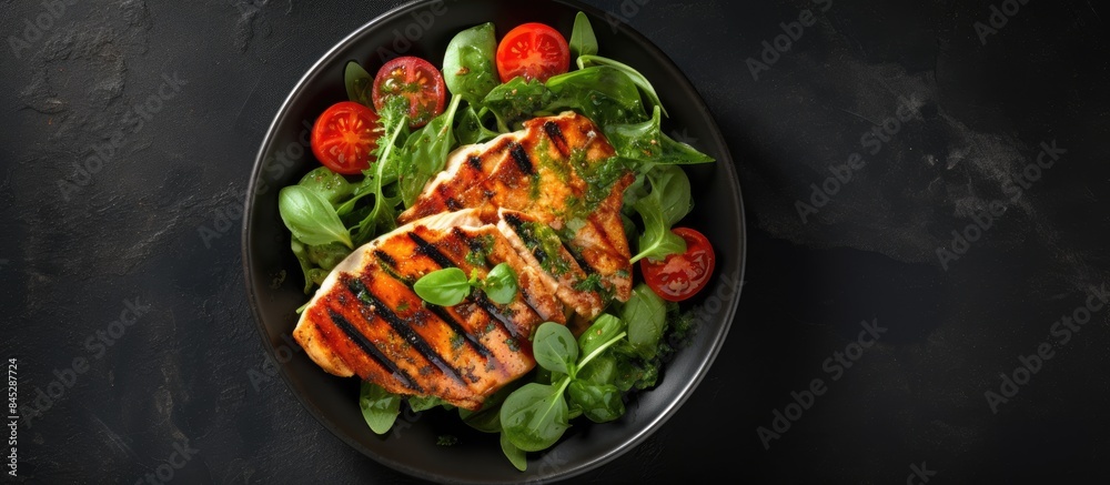 Aufkleber A salad consisting of grilled chicken breast tomato spinach asberg radichio and arugula is presented on a stone background creating a visually appealing copy space image