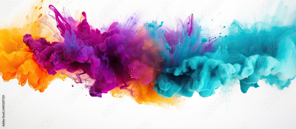 Poster Freeze frame of colorful powder exploding creating an abstract splatter background A copy space image displays the mesmerizing texture of glittering colors on a white backdrop