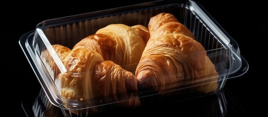 The copy space image shows a flat lay view of two croissants in an open plastic box captured in a dark food photography style perfect for take away food