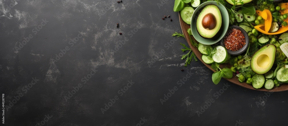 Aufkleber A top down view of a green vegetable salad with cucumber green pea and avocado on a rustic plate placed on a background of grey slate stone or concrete The image includes empty space for text