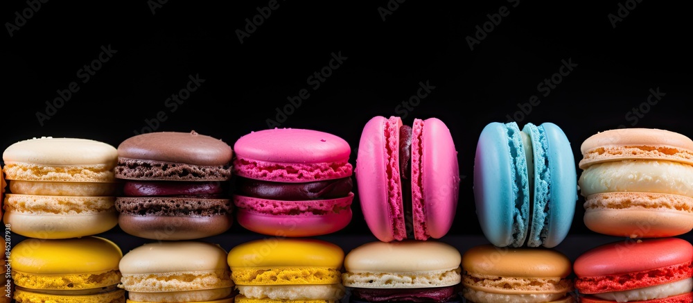 Aufkleber Colorful macarons or macaroons stacked on a black background creating a fresh and vibrant image of cafe desserts with a pastel color palette and copy space