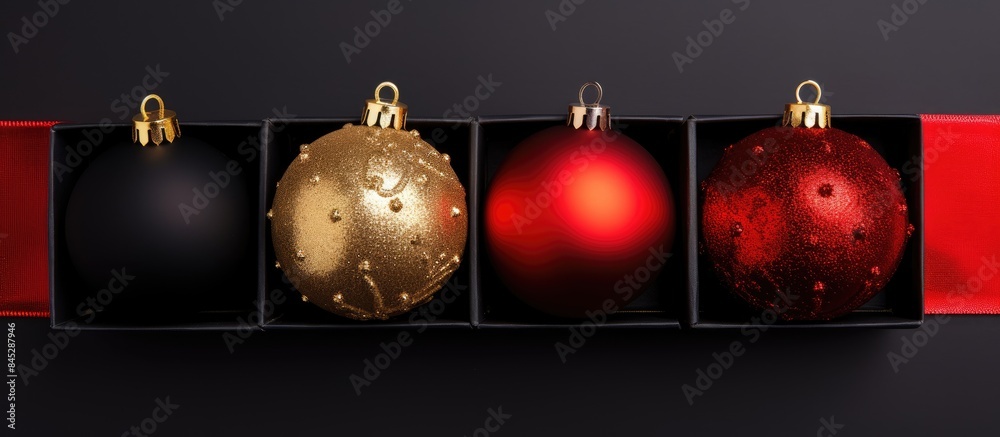 Aufkleber Flat lay top view of three Christmas balls against a black and red background creating a visually appealing composition with copy space image