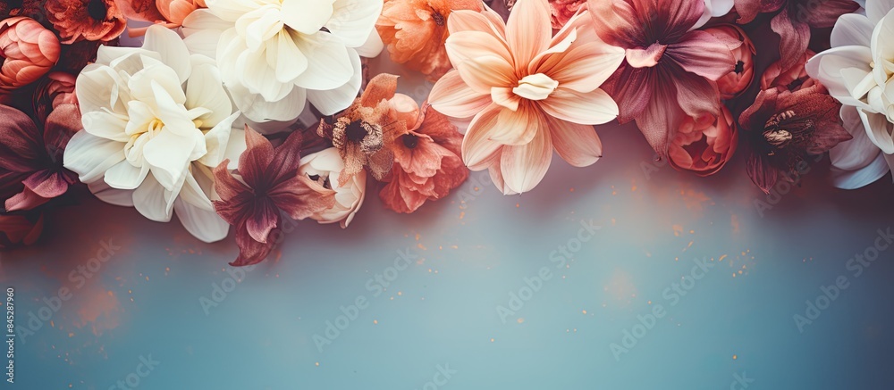 Canvas Prints A captivating top view flat lay image of artificial flowers on a bright background with copy space The photo boasts vibrant colors and stunning retro light effects creating a magical and nostalgic at