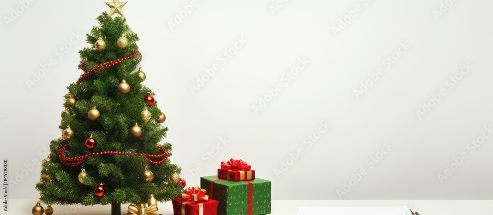 Fototapete A festive scene with a Christmas tree and presents accompanied by a notebook paper and pencil set on a desk against a white background with space for additional images or text