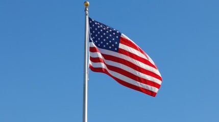 Naklejka premium American flag proudly waving, clear blue sky background copy space, national emblem, vibrant, Blend mode, sky backdrop