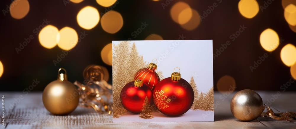 Poster A Christmas greeting card with festive decorations on a bokeh background creating a New Year concept The image features copy space and is presented in a flat lay with a top view