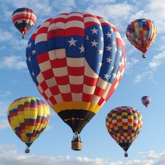 Obraz premium American flag-themed hot air balloons ascending into the sky, colorful and festive close up, celebration of liberty, vibrant, Fusion, sky backdrop