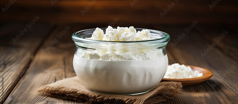 Poster a mockup of a homemade curd recipe with a bowl of cottage cheese and milk on a wooden background pro