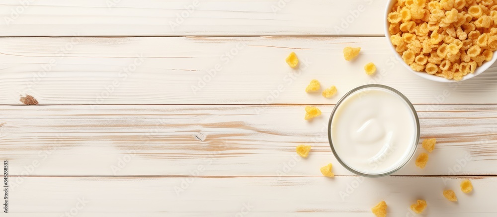 Aufkleber A delicious combination of crunchy corn flakes milk and a white tiled table creates a visually appealing flat lay image Perfect for adding text. Creative banner. Copyspace image