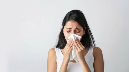An Indian woman with runny nose holding tissue on a white background