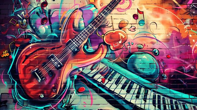 Fototapeta Cool music graffiti in urban style on the wall