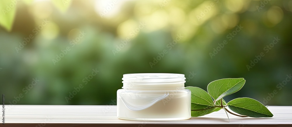 Poster On a bright wooden table there is a white cosmetic cream with leaf buds in the background creating a visually appealing image with empty space. Creative banner. Copyspace image