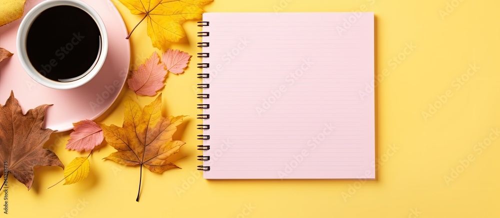 Poster top down view of a christmas themed workspace with a spiral notepad pink pen and a yellow background