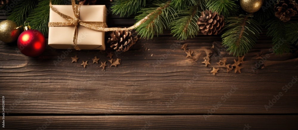 Poster a festive display of decorated fir branches a gift box and christmas ornaments placed on a rustic br