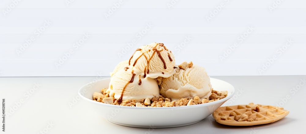 Poster a white plate holds a copy space image of peanut butter banana ice cream scoops presented in a white