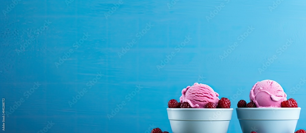 Poster A mouthwatering berry ice cream served in small bowls placed on a blue background with fresh strawberries There is ample space around the image for additional content