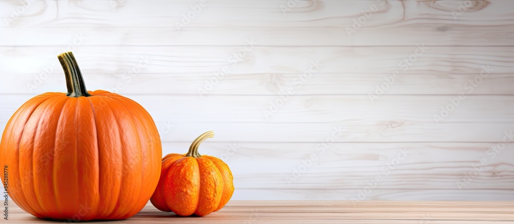 Poster a halloween pumpkin on a wooden table is set against a backdrop of white boards creating a halloween