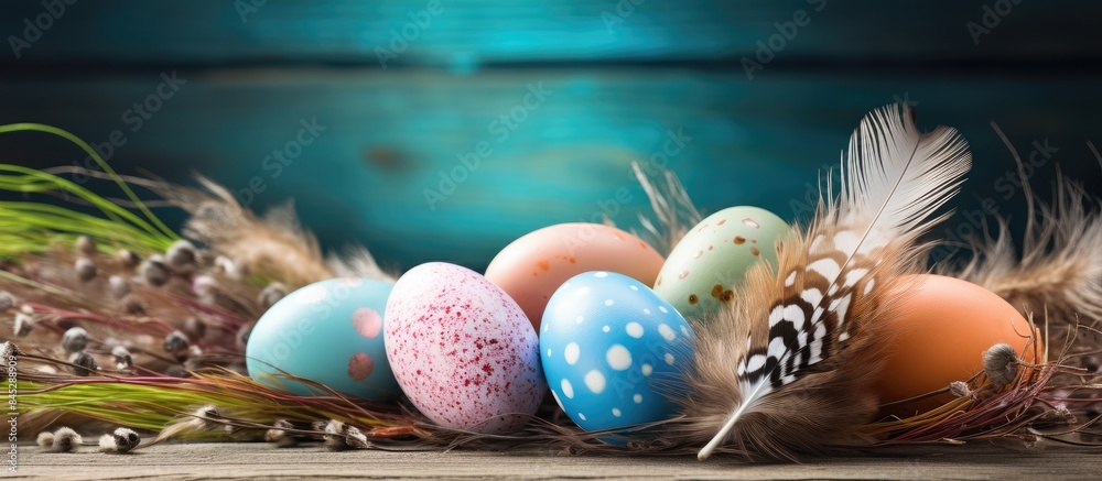 Poster decorated easter eggs with feathers nest on old wooden table with copy space image perfect for sprin