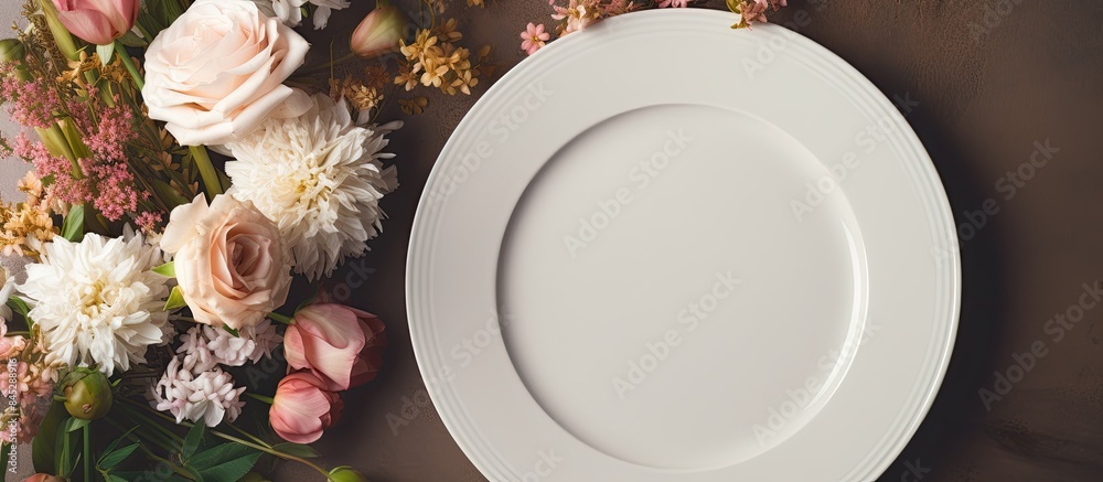 Poster a spring themed flat lay featuring a vintage white plate with no food on it placed on top of a beaut