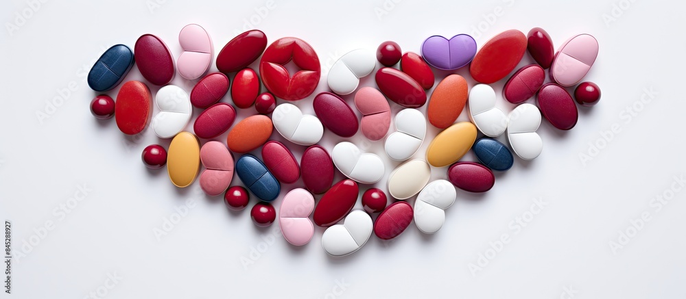 Poster a pile of vibrant heart shaped pills tablets and capsules is displayed on a white background this vi