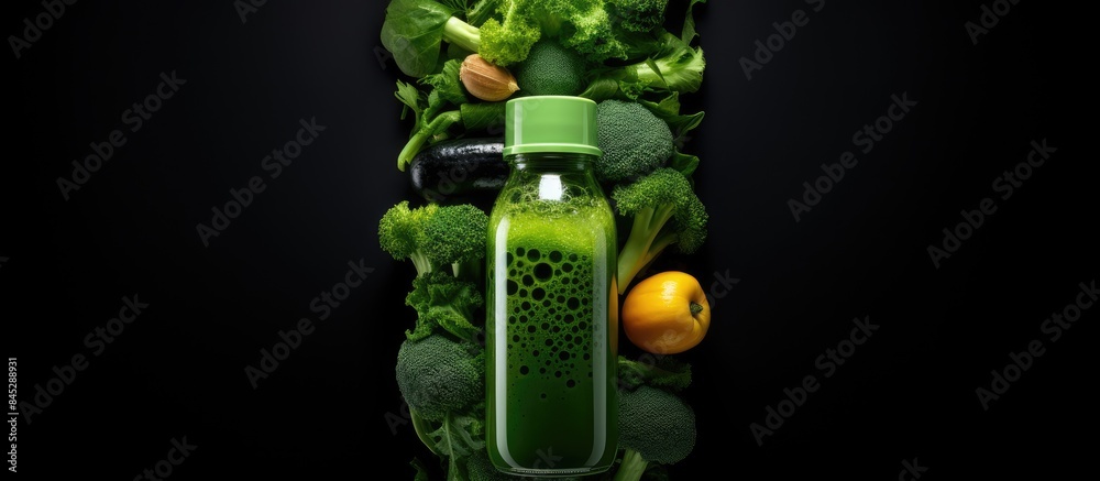 Poster a health oriented concept with green vegetables and smoothies contained in a plastic bottle presente