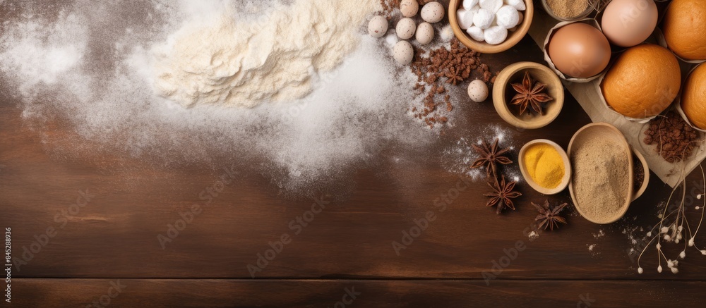 Poster The menu concept features a background of freshly baked cupcakes dough with a variety of ingredients including eggs flour sugar and more The image provides a top view with plenty of copy space