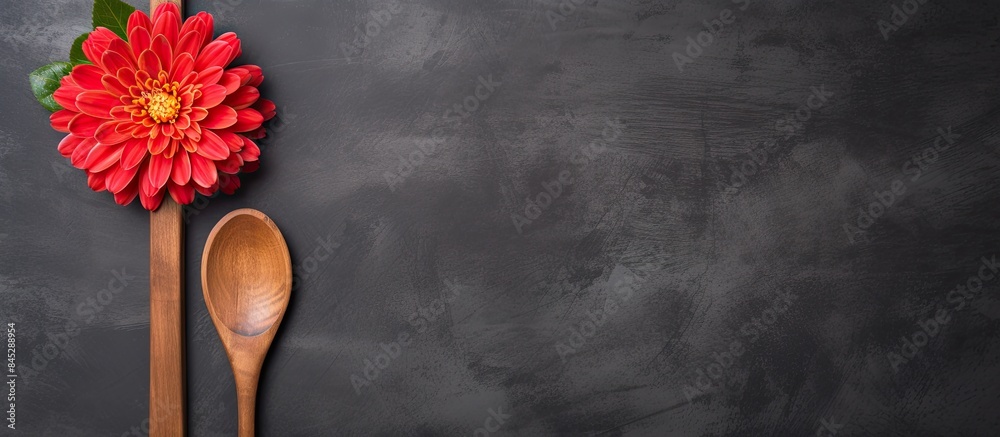 Poster A rustic wooden spoon and fork featuring a vibrant red flower are placed on a blank board providing ample empty space for additional elements in the copy space image