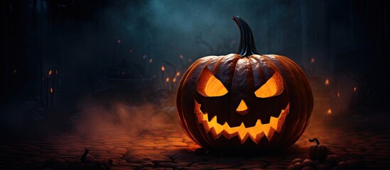 In the dark night a spooky Halloween pumpkin head with scary evil faces is illuminated creating a truly haunting and eerie atmosphere for the holiday Don t miss the chance to capture this copy space