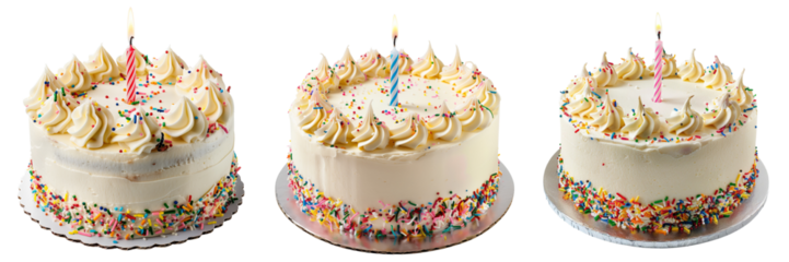 Birthday cake with white frosting and blue candle on transparent background 