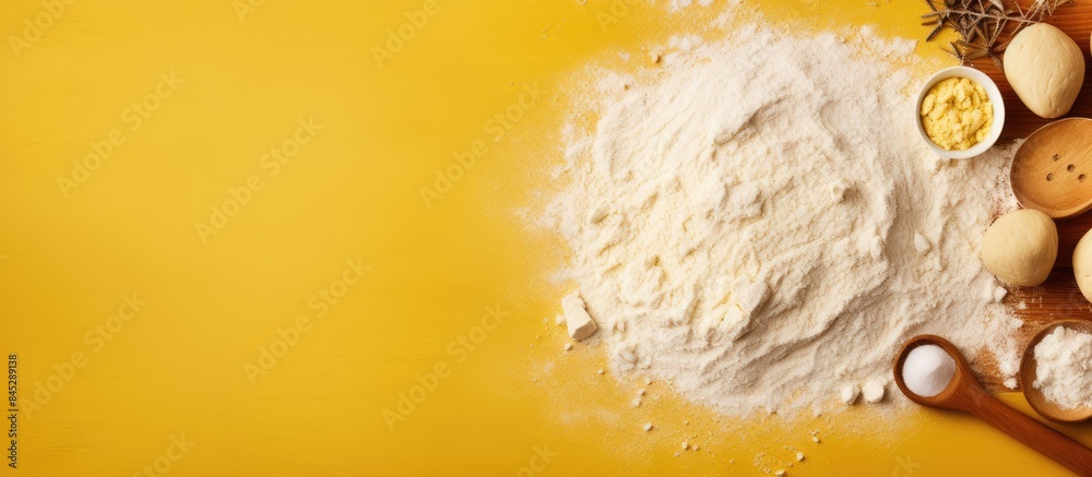 Poster A top down view of a baking scene on a yellow paper background featuring a rolling pin and flour This image could be used for various purposes such as promoting a bake menu or showcasing homemade pas