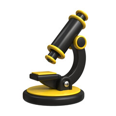 The microscope. 3D illustration of a microscope for pharmaceuticals, scientific research and education. An icon of chemistry, pharmacy, microbiology, science and research. Cartoon minimalistic style