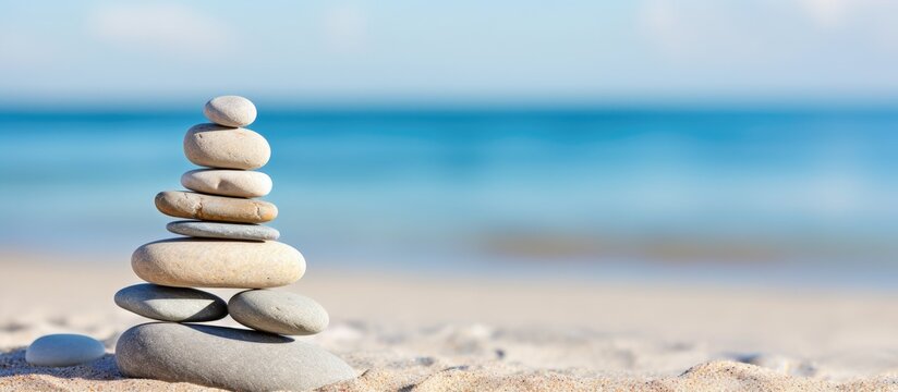 A close up copy space image of a pyramid of stones balanced on sand representing zen harmony and balance with the ocean in the background and sea pebbles towered in the foreground