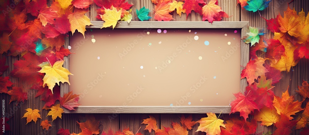 Aufkleber a fall themed wooden photo frame adorned with dry maple leaves and confetti is placed on colored pap